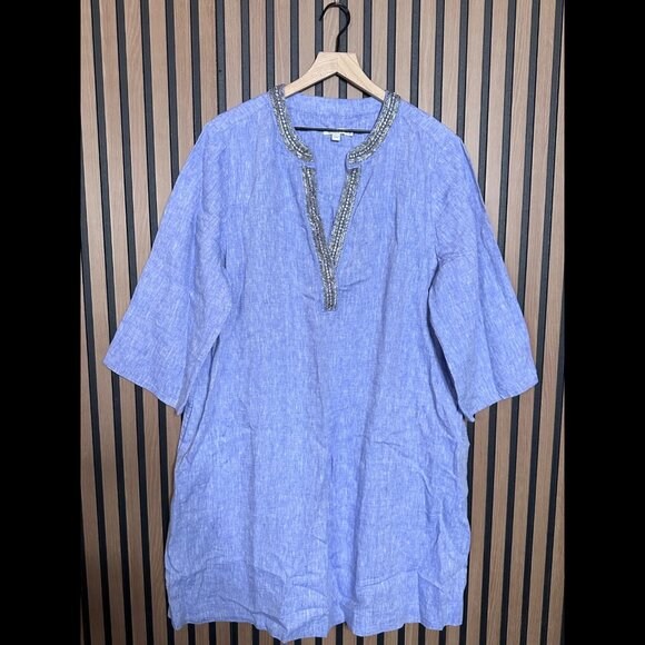 Chico’s Shift Dress US 20 Womens Blue Beaded Trim 100% Linen Chambray Pockets - Picture 1 of 10